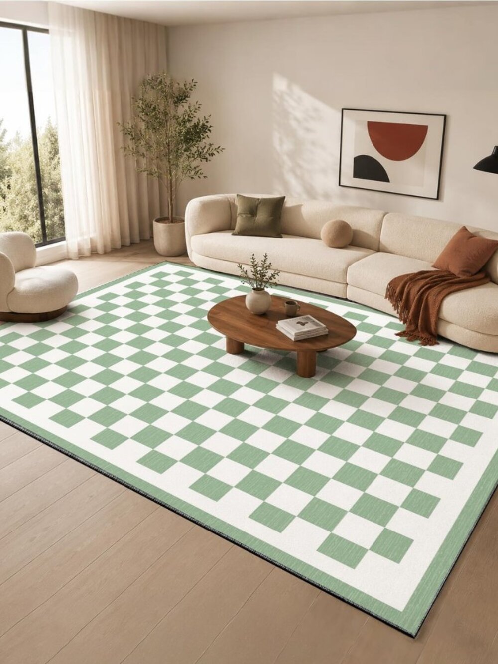 Sage Green Checkered 8x10 Area Rug, Soft Faux Wool Non-Slip Washable, Farmhouse
